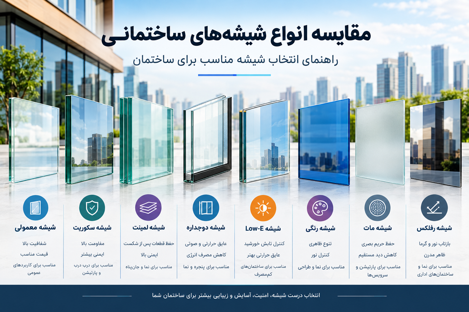 مقايسه انواع شیشه‌های ساختمانی